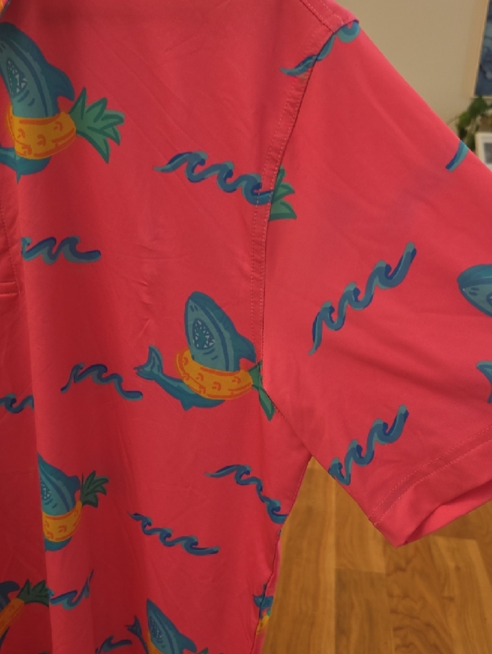 chubbies Men's Pink Golf Polo Shirt with Blue Shark & Yellow Pineapple Print - Picture 5 of 6